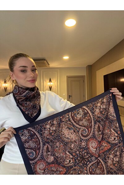 Adorisse Kadın Desenli Saten Boyun Fuları Bandana Lacivert Bordo Ekru