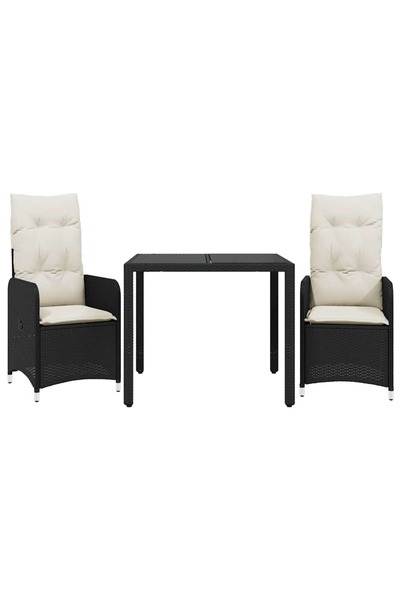vidaxl Set bistro de grădină cu perne, 3 piese, negru, poliratan
