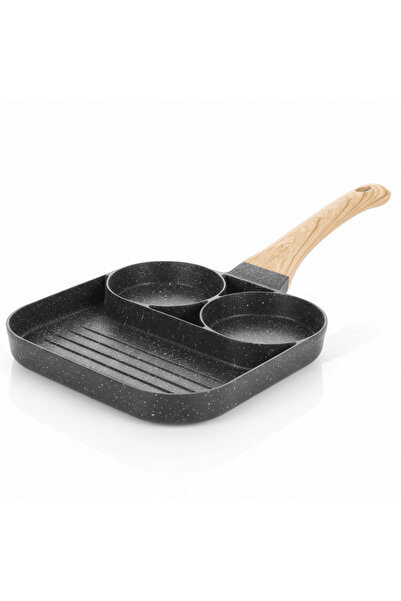 AKDC 3-in-1 Multi-Section Non-Stick Pan with Wooden Handle – Black, 17 cm