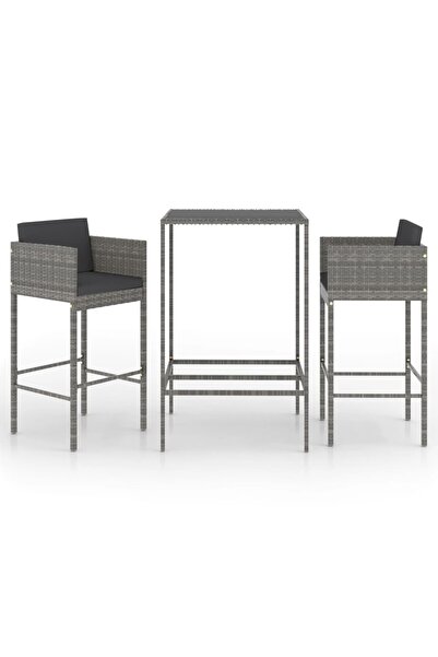 vidaxl Garden bar furniture set, with cushions, 3 pieces, grey, poly rattan