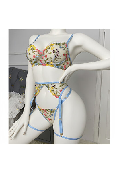 Luraxa طقم ملابس داخلية شفافة مع تطريز زهري ملون