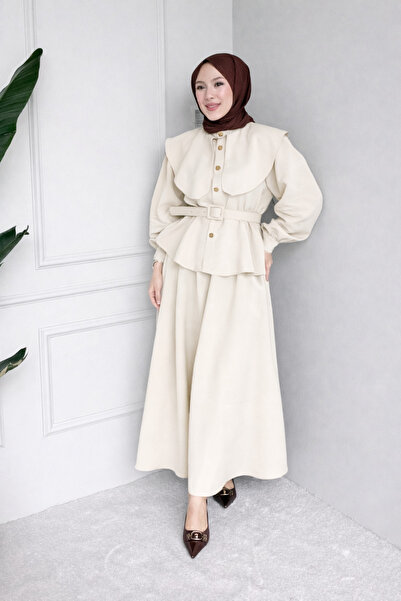 Tesettür Diyarı Σετ Τεσεττούρ από Ύφασμα Parin Tansel με Ζώνη - Μπεζ