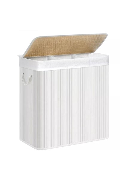 SONGMICS Coș de rufe, 3 compartimente, Bambus/Textil, Alb, 60 x 40 x 61.5 cm