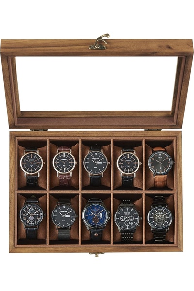 SONGMICS Watch Storage Box, Solid Wood/Glass, Brown, 29 x 20.5 x 8.5 cm