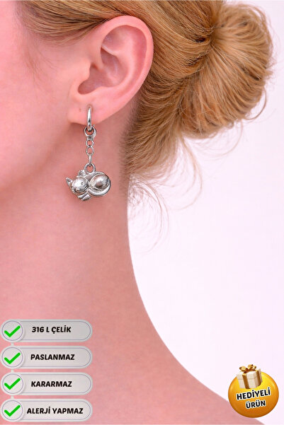 Piercing Market Steel & Silver أقراط مزدوجة على شكل قطة بتصميم خاص من الفولاذ...