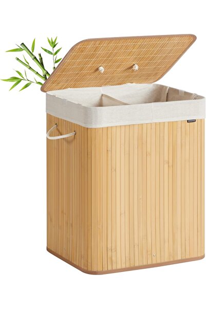 OEM Coș de rufe Songmics, 2 compartimente, Bambus/Textil, 50 x 40 x 61 cm