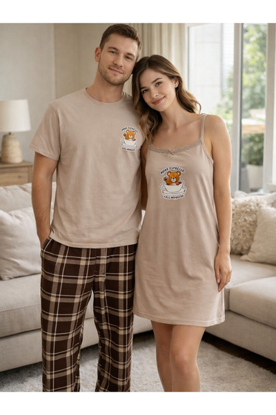 Lena Homewears طقم بيجامات للزوجين مطبوع من القطن مريح للاستخدام اليومي (مجمو...