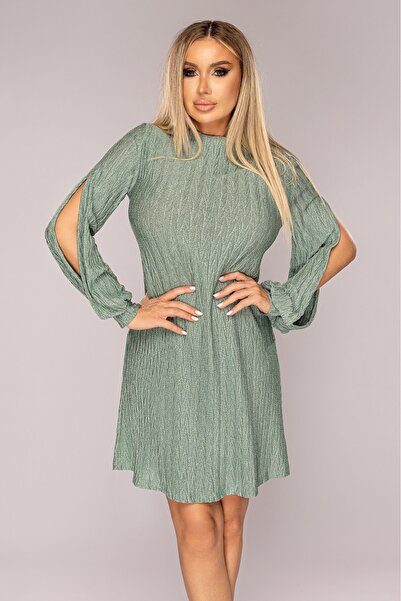 Atmosphere Fashion Rochie verde cu mâneci despicate, S/M/L