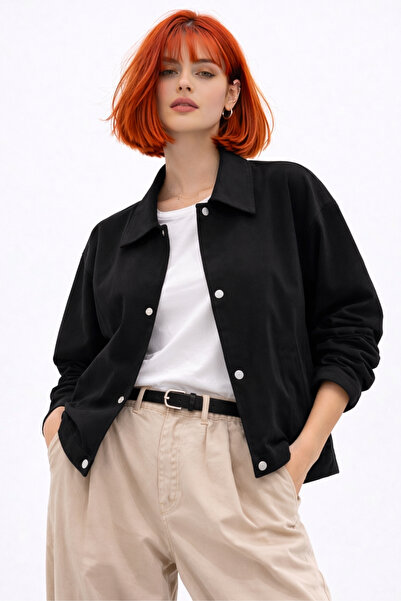 Royalside Jachetă de damă neagră oversize, sezonieră, cu detalii cu capse, di...