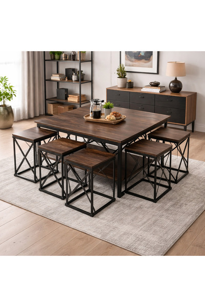 Crestj طقم طاولات خدمة عائلية مودرن تصميم أنيق بسطح خشبي وقاعدة حديد متينة (ق...