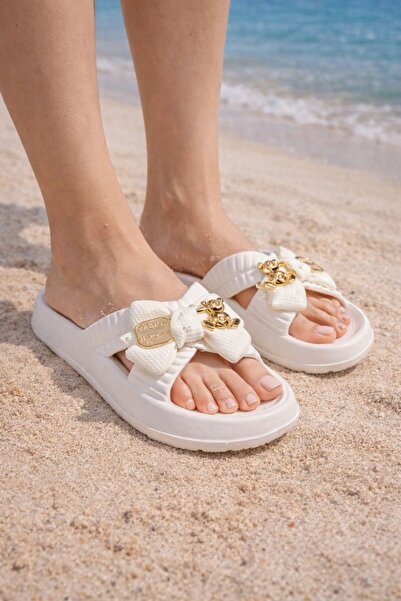 Slipcat Women's Bow Detailed Teddy Bear Beach Slippers - Light Sole, Non-Slip...