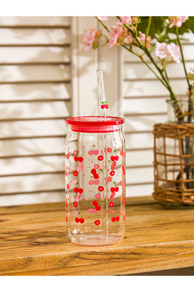 LC Waikiki Rmz Gi̇yi̇m Farkiyla Cherry Printed Glass with Straw 460 ml