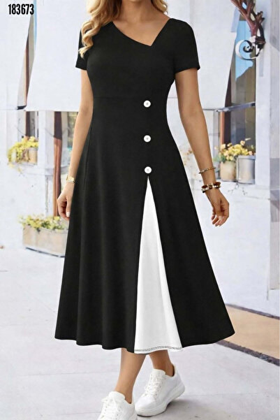 moda wanilia Γυναικείο φόρεμα μίντι με ασύμμετρο γιακά, κοντό μανίκι από βισκ...