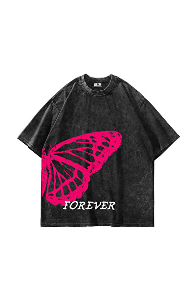 Bak Moda Forever Butterfly με τύπωμα oversized Unisex Πλενόμενο Μαύρο T-shirt