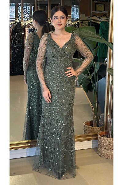 Abiyeniall Açık Olive V Yaka Uzun Kollu Düz Kesim Pullu Boncuklu Uzun Abiye E...