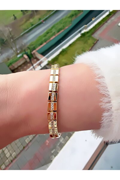 ECEMSEL Modern Steel Bracelet with Stones in the Center