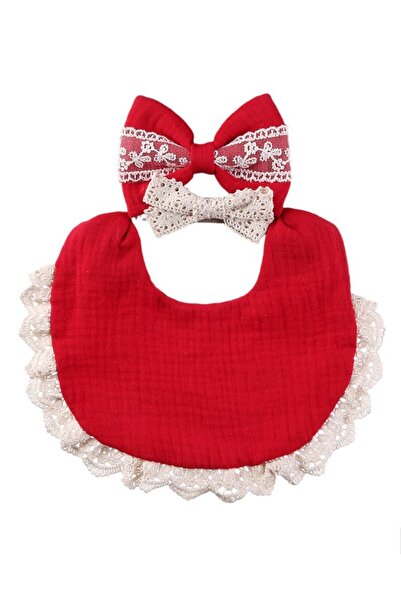 Bambimici طقم عصابة رأس ومريلة للأطفال من كاميلا ريبونز - أحمر