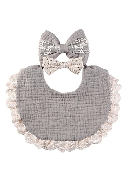 Bambimici طقم عصابة رأس ومريلة للأطفال من كاميلا ريبونز - رمادي