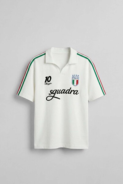 ablukaonline Men's Regular Fit Italy Embroidered Polo Collar Jersey T-Shirt Ecru