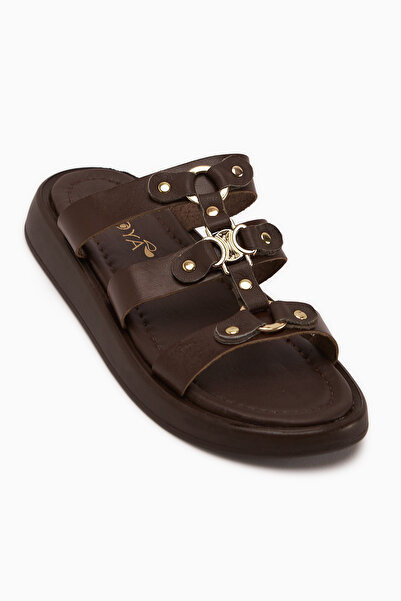 Limoya Γυναικείες παντόφλες Blenda από γνήσιο δέρμα με καφέ αγκράφα