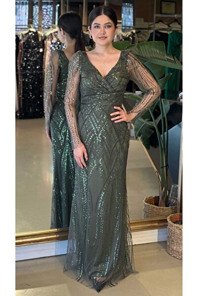 Abiyeniall Koyu Olive V Yaka Uzun Kollu Düz Kesim Pullu Boncuklu Uzun Abiye E...