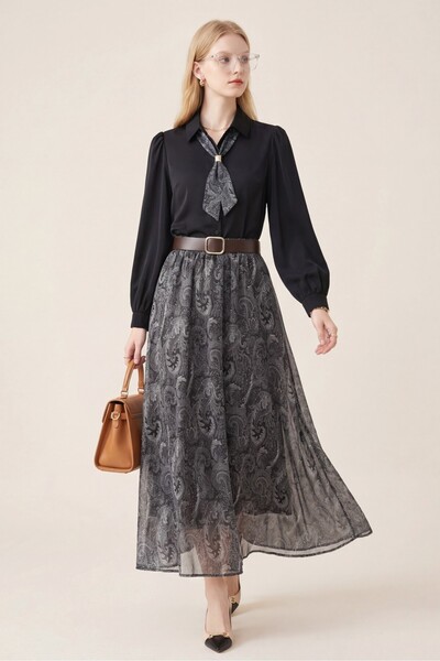 Modamorfo Buttoned Sleeves, Gathered Detail Skirt, Ethnic Patterned Suit - Black