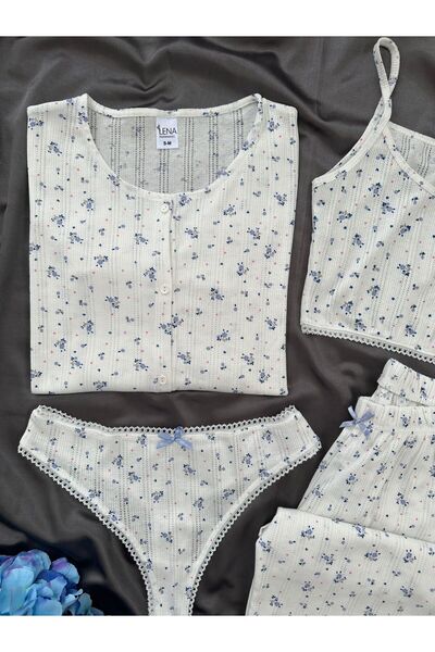 Lena Homewears Women's Blue Rose 4-Piece Cotton Pajama Set