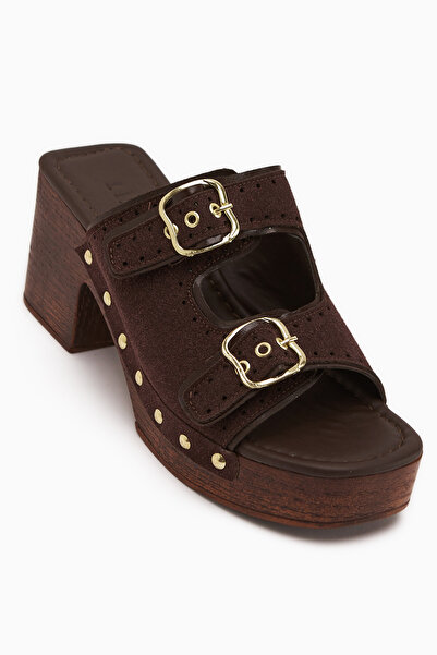 Limoya Γυναικείες παντόφλες με τακούνι Diala Brown Suede με διπλό λουράκι