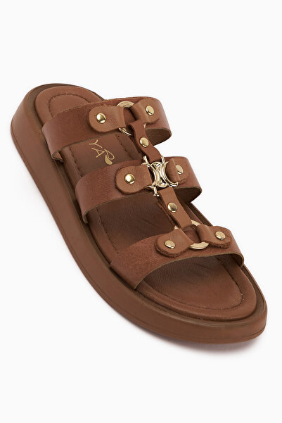 Limoya Blenda Genuine Leather Tan Buckle Women's Slippers