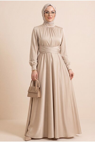 chinese dress ladies Champagne Satin Maxi Dress With Long Sleeves main image 0