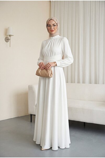 Modamorfo Round neck satin dress with crossed waist tie - white