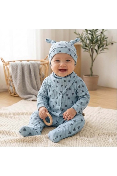 jijek baby kids Triangle Patterned Ribbed Cotton Fabric Baby Romper Set with ...