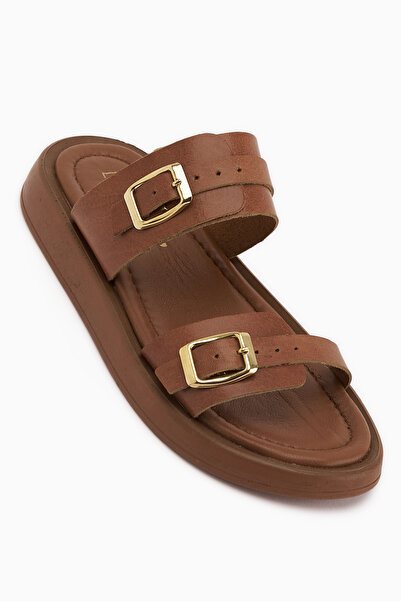 Limoya Matea Genuine Leather Tan Double-Strapped Women's Slippers