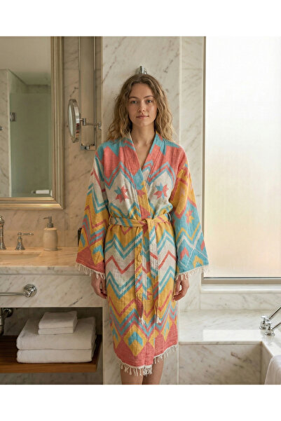 NAURA Concept Кімоно-халат зі 100% бавовни з етнічним візерунком та бахромою ...