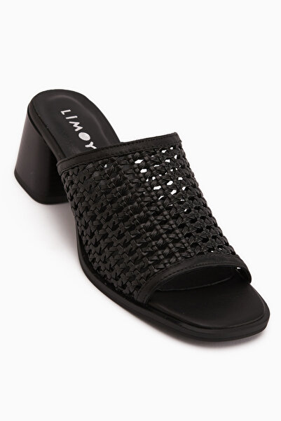 Limoya Luzia Genuine Leather Black Hand-Knitted Heeled Women's Slippers