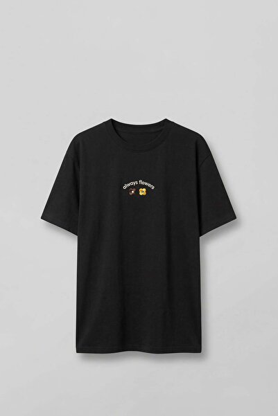 ablukaonline Men's Oversize Minimal Floral Embroidered T-Shirt Black