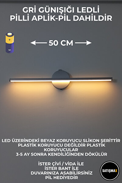SatışMax Modern Kablosuz Tak Çalıştır Aplik Banyo Tablo Ayna Aydınlatma Gri (...