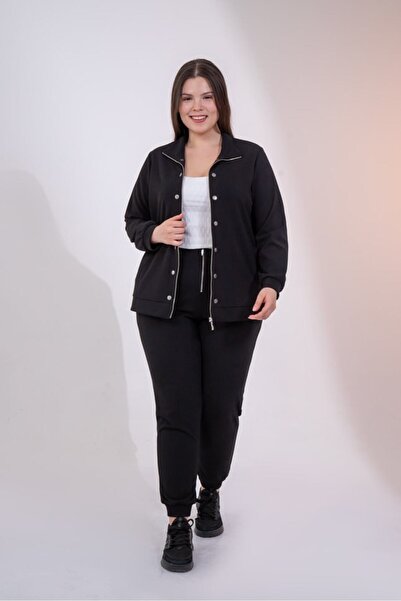 Roxxlen Set de damă mărime mare, cu fermoar și detalii cu capse, negru