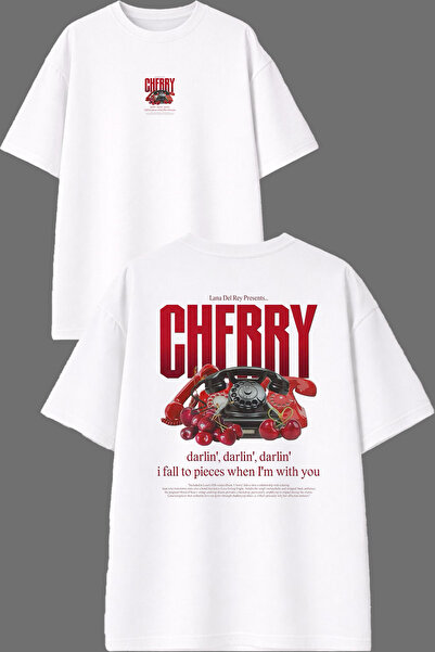 VSRN تي شيرت أبيض كبير الحجم بتصميم تشيري مع طباعة أمامية وخلفية