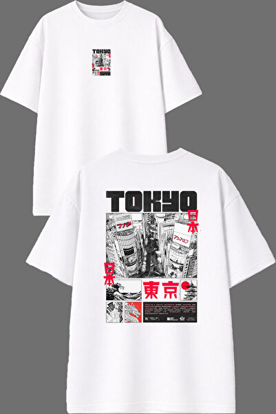 VSRN Κόκκινο μπλουζάκι Tokyo Design με στάμπα μπροστά και πίσω, λευκό, oversized