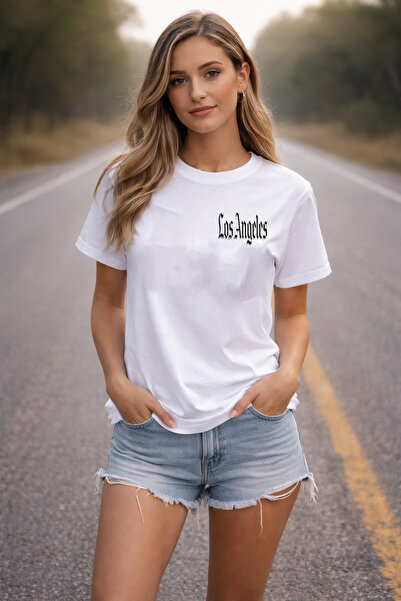 DEEPSENCE Women's White Oversize T-Shirt Los Angeles Minimal Design