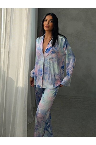 delis Women's two-piece pajama set, with buttons – 2401679, Floral blue