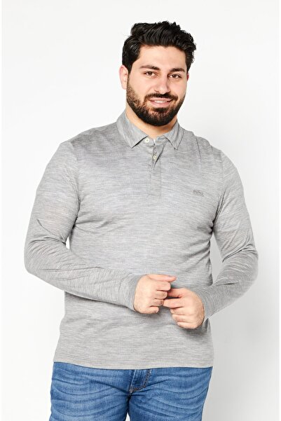 Lacoste تيشيرت رجالي بياقة واسعة وأكمام طويلة مع شعار العلامة التجارية، رمادي