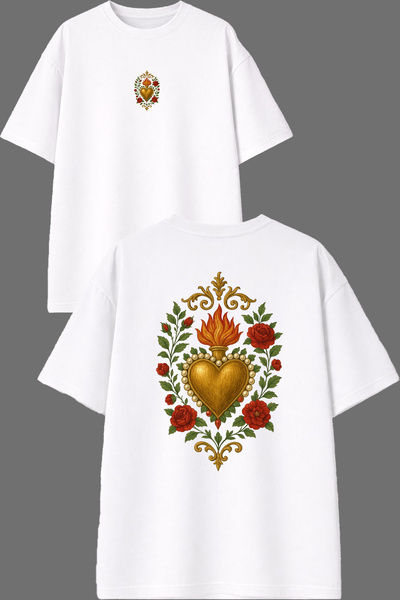 VSRN تي شيرت أبيض كبير الحجم بتصميم قلب مزين بالورود ومطبوع من الأمام والخلف