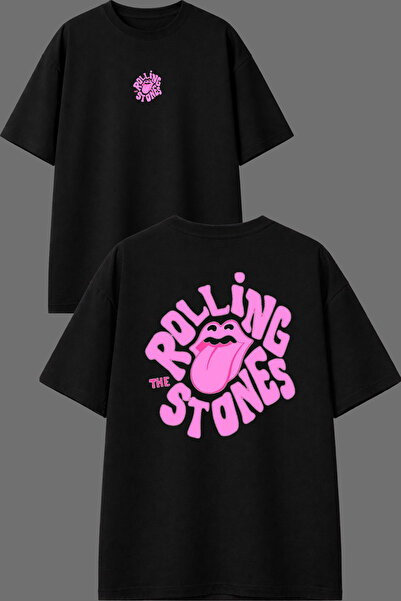 VSRN تي شيرت أسود كبير الحجم بتصميم رولينج ستون مطبوع من الأمام والخلف
