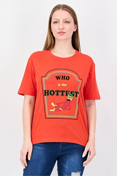 Undiz تي شيرت نسائي بطبعة جرافيكية بأكمام قصيرة ورقبة دائرية، أحمر