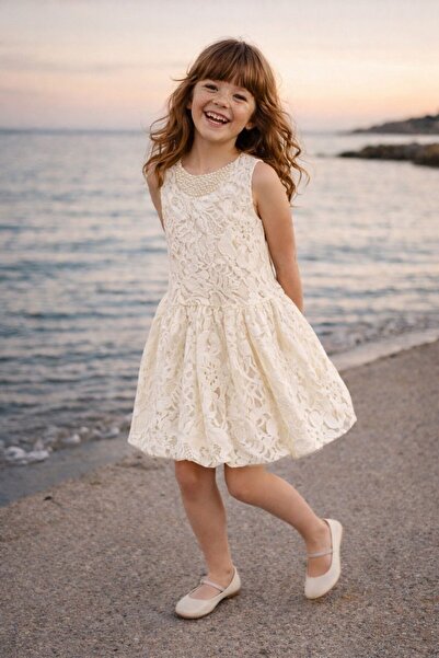 MİNİCE İNCİ DETALI BALON ETEKLİ ÇOCUK ELBİSESİ