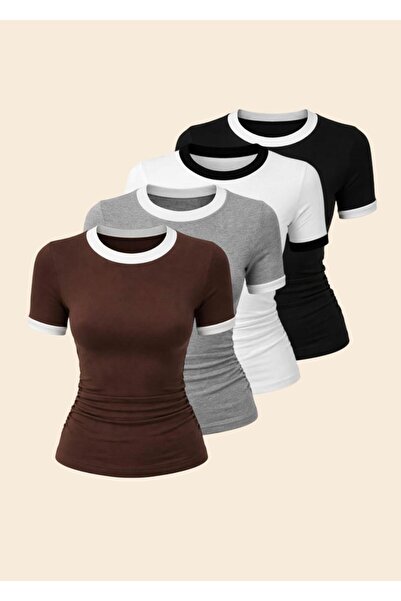 EVOA Bluză și body pentru femei, 4 piese, cu decolteu tip crew, cu detalii Ga...