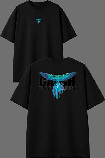 VSRN Tricou oversize negru cu imprimeu Bird Catch Design pe față și spate