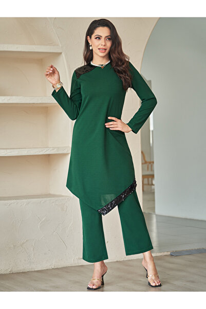 FridayIn بدلة بنطلون بتصميم عرقي، ياقة دائرية، لون موحد، أزرار مزينة بالترتر،...